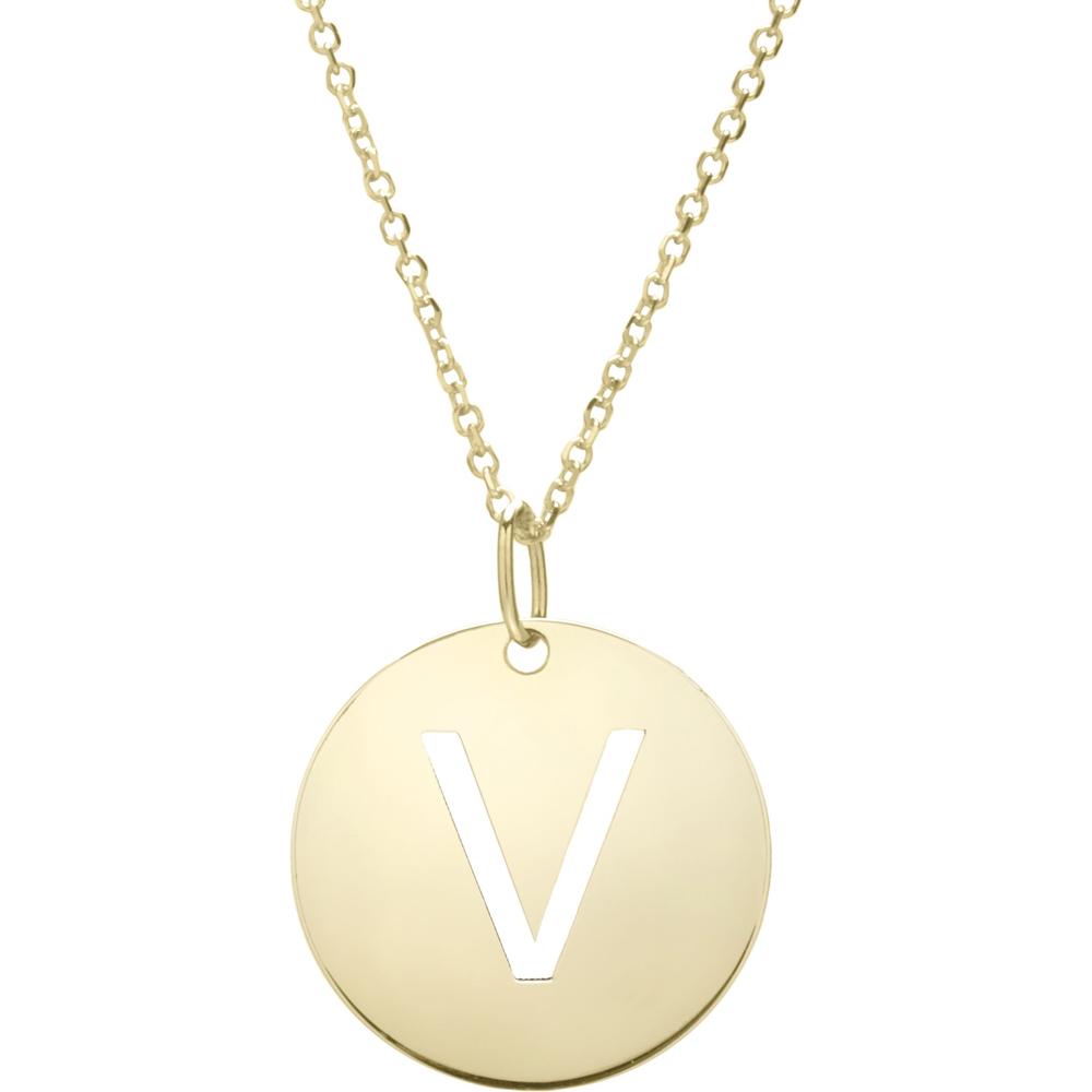 14K Yellow Gold Disc Initial Necklace 'V' - Polished Finish, 18" Extendable by Orozza Fine Jewelry
