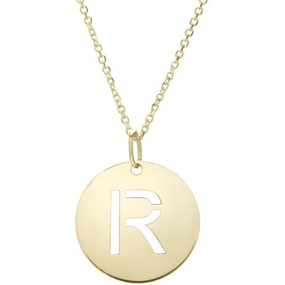 14K Yellow Gold Disc Pendant Initial “R” 18" Necklace with Polished Finish by Orozza Fine Jewelry