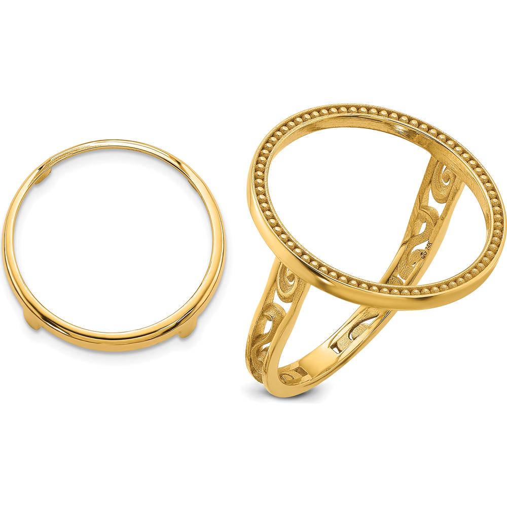 14K Yellow Gold Distinguished Coin Bezel Ring with Polished Filigree Sides - Holds 1/10 oz. American Eagle Coin by Numis Coin Jewelry
