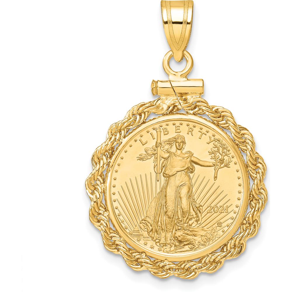 14K Yellow Gold Distinguished Coin Jewelry Pendant with 1/10 oz. American Eagle Coin Bezel - Polished Rope Design by Numis Coin Jewelry