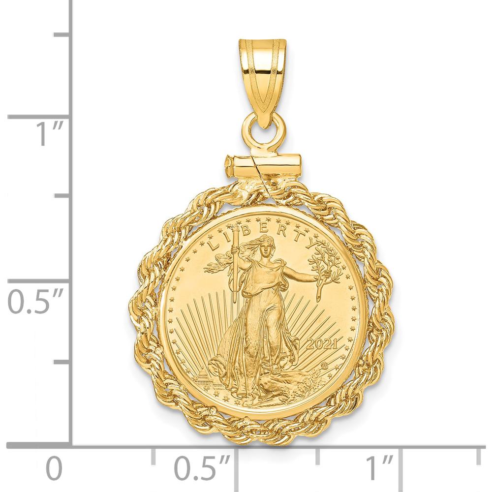 14K Yellow Gold Distinguished Coin Jewelry Pendant with 1/10 oz. American Eagle Coin Bezel - Polished Rope Design by Numis Coin Jewelry