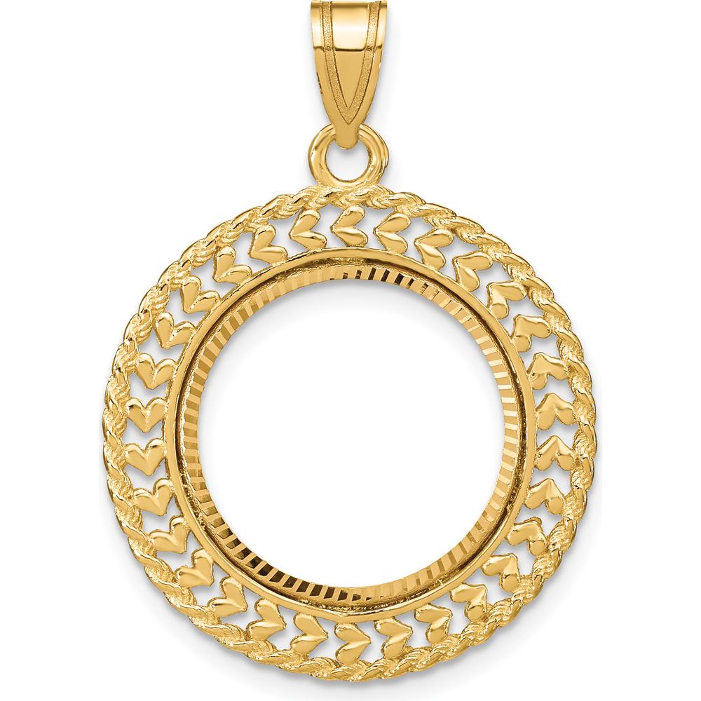 14K Yellow Gold Distinguished Coin Pendant with Diamond-Cut Heart and Rope Design, Prong Coin Bezel for 1/10 oz. American Eagle Coin by Numis Coin Jewelry