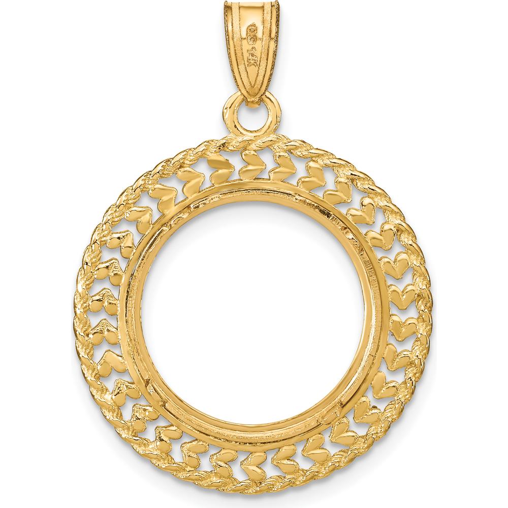 14K Yellow Gold Distinguished Coin Pendant with Diamond-Cut Heart and Rope Design, Prong Coin Bezel for 1/10 oz. American Eagle Coin by Numis Coin Jewelry