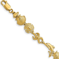 14K Yellow Gold Dolphin and Sea Shells 7" Bracelet with Polished Finish by Oro Pregiato