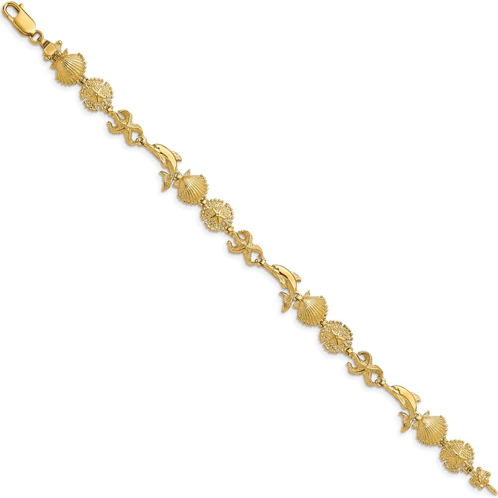 14K Yellow Gold Dolphin and Sea Shells 7" Bracelet with Polished Finish by Oro Pregiato