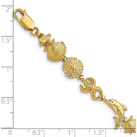 14K Yellow Gold Dolphin and Sea Shells 7" Bracelet with Polished Finish by Oro Pregiato