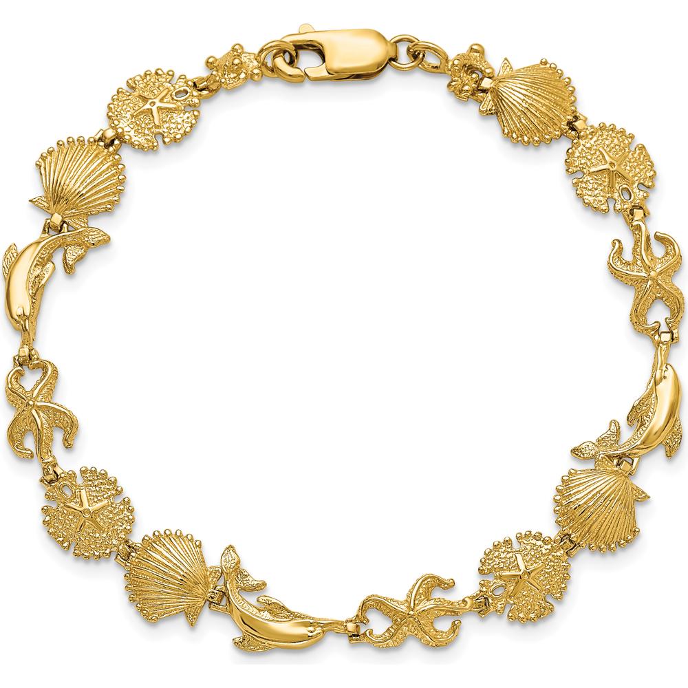 14K Yellow Gold Dolphin and Sea Shells 7" Bracelet with Polished Finish by Oro Pregiato