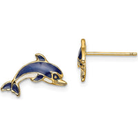 14K Yellow Gold Dolphin Button Earrings with Blue and White Enamel Accents by 0