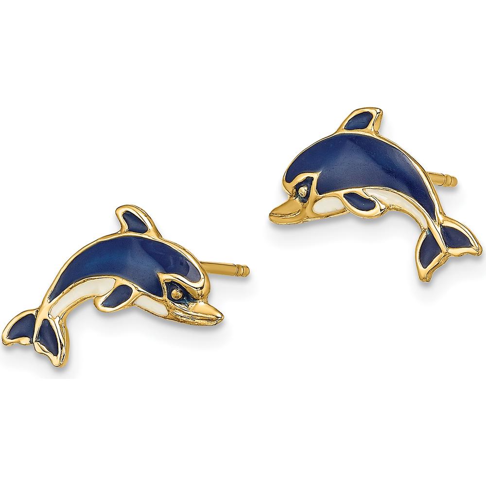 14K Yellow Gold Dolphin Button Earrings with Blue and White Enamel Accents by 0