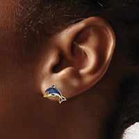 14K Yellow Gold Dolphin Button Earrings with Blue and White Enamel Accents by 0