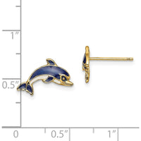 14K Yellow Gold Dolphin Button Earrings with Blue and White Enamel Accents by 0