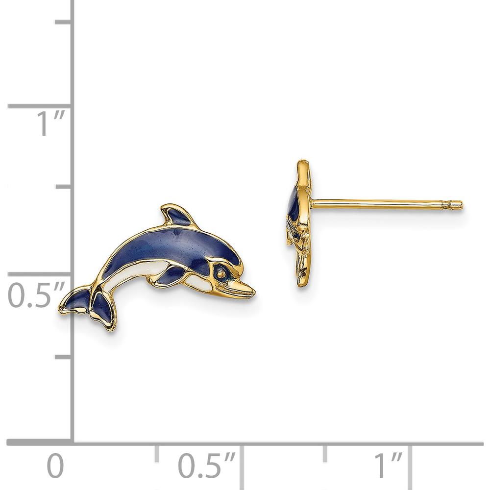 14K Yellow Gold Dolphin Button Earrings with Blue and White Enamel Accents by 0