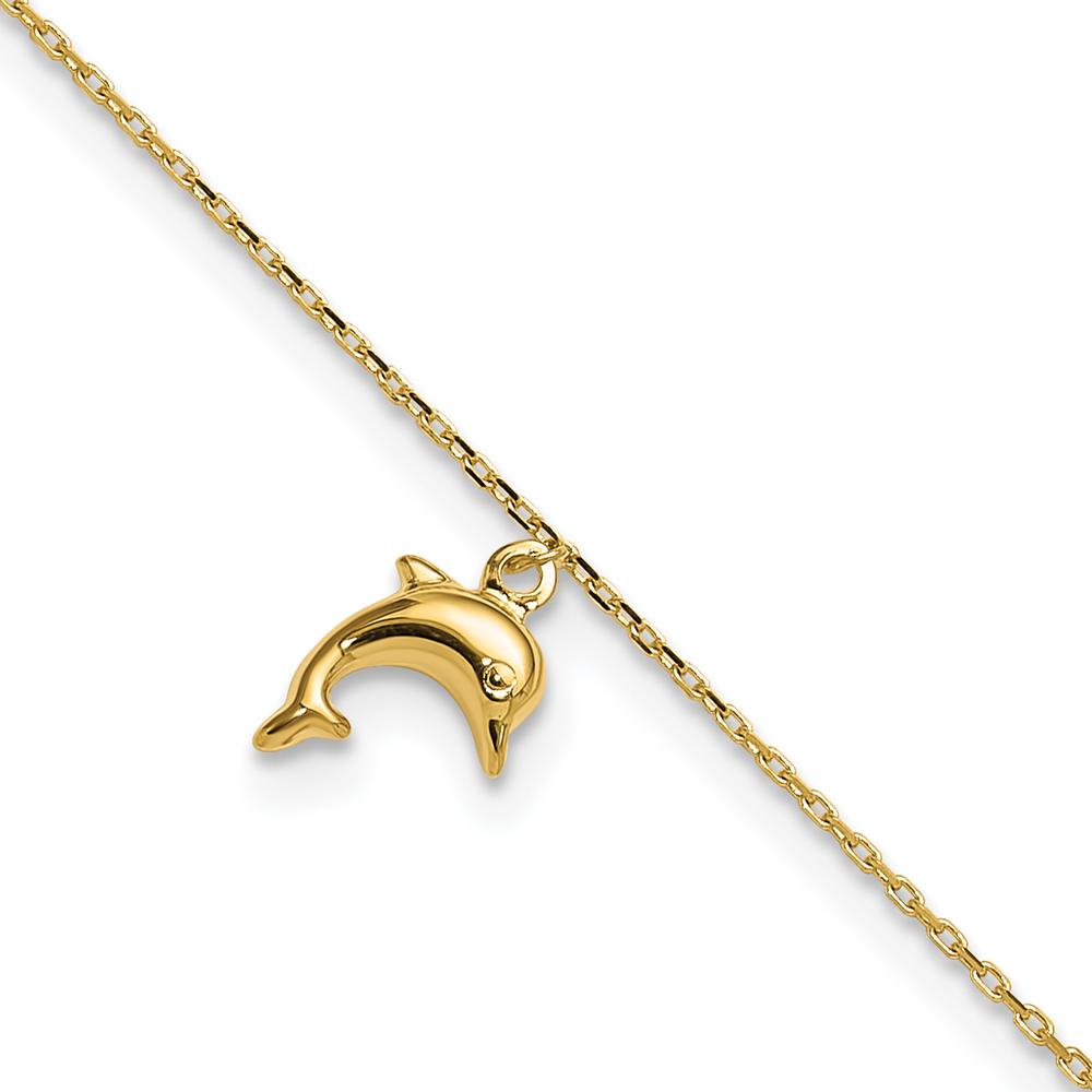 14K Yellow Gold Dolphin Charm Adjustable Anklet with Cable Chain - 10" Total Length
