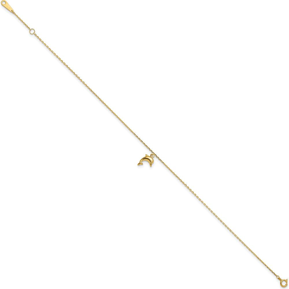 14K Yellow Gold Dolphin Charm Adjustable Anklet with Cable Chain - 10" Total Length