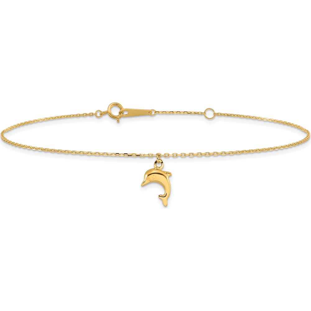 14K Yellow Gold Dolphin Charm Adjustable Anklet with Cable Chain - 10" Total Length