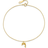 14K Yellow Gold Dolphin Charm Adjustable Anklet with Cable Chain - 10" Total Length