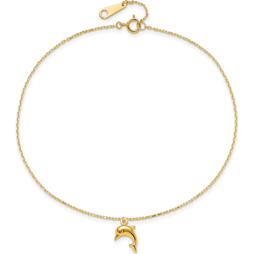 14K Yellow Gold Dolphin Charm Adjustable Anklet with Cable Chain - 10" Total Length