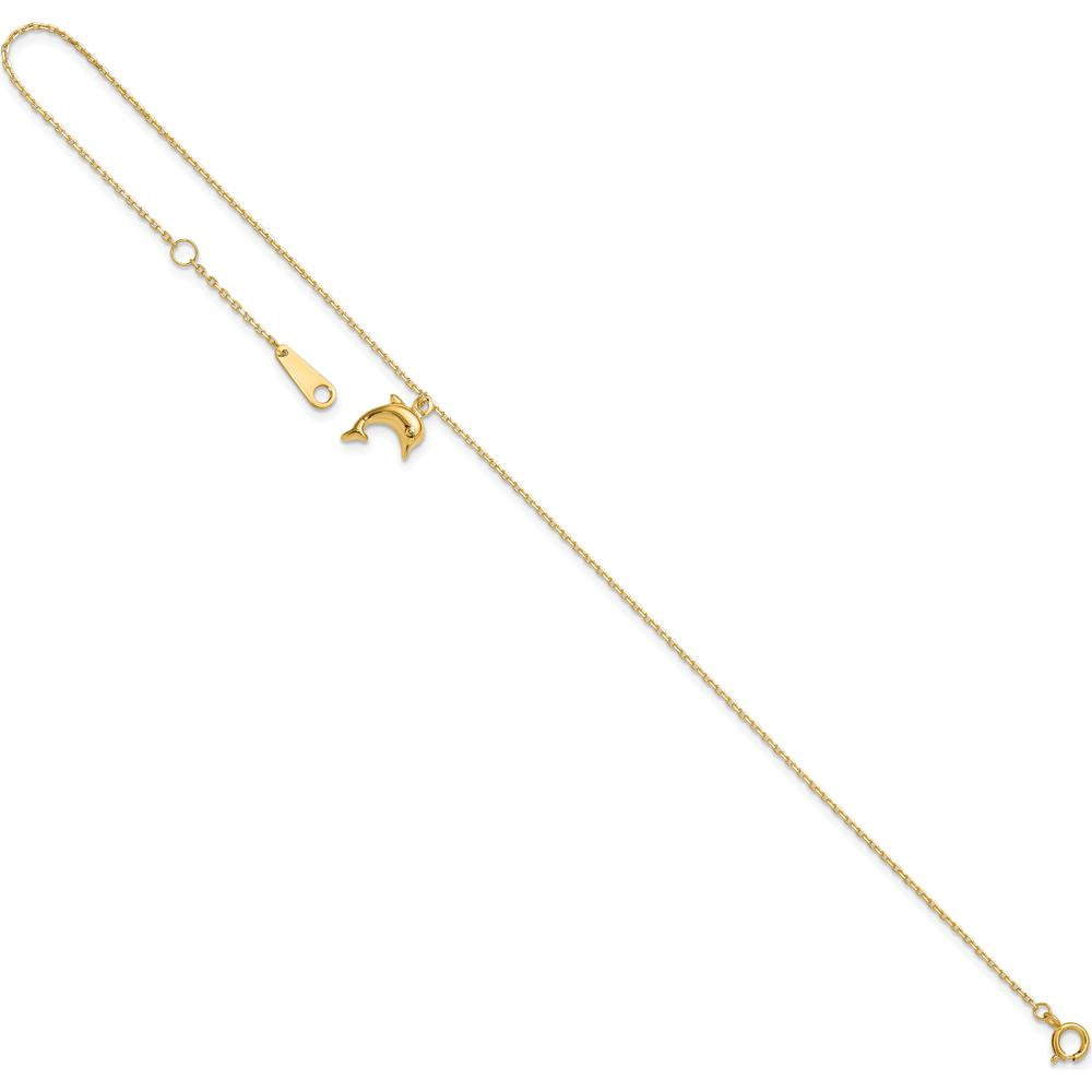 14K Yellow Gold Dolphin Charm Adjustable Anklet with Cable Chain - 10" Total Length