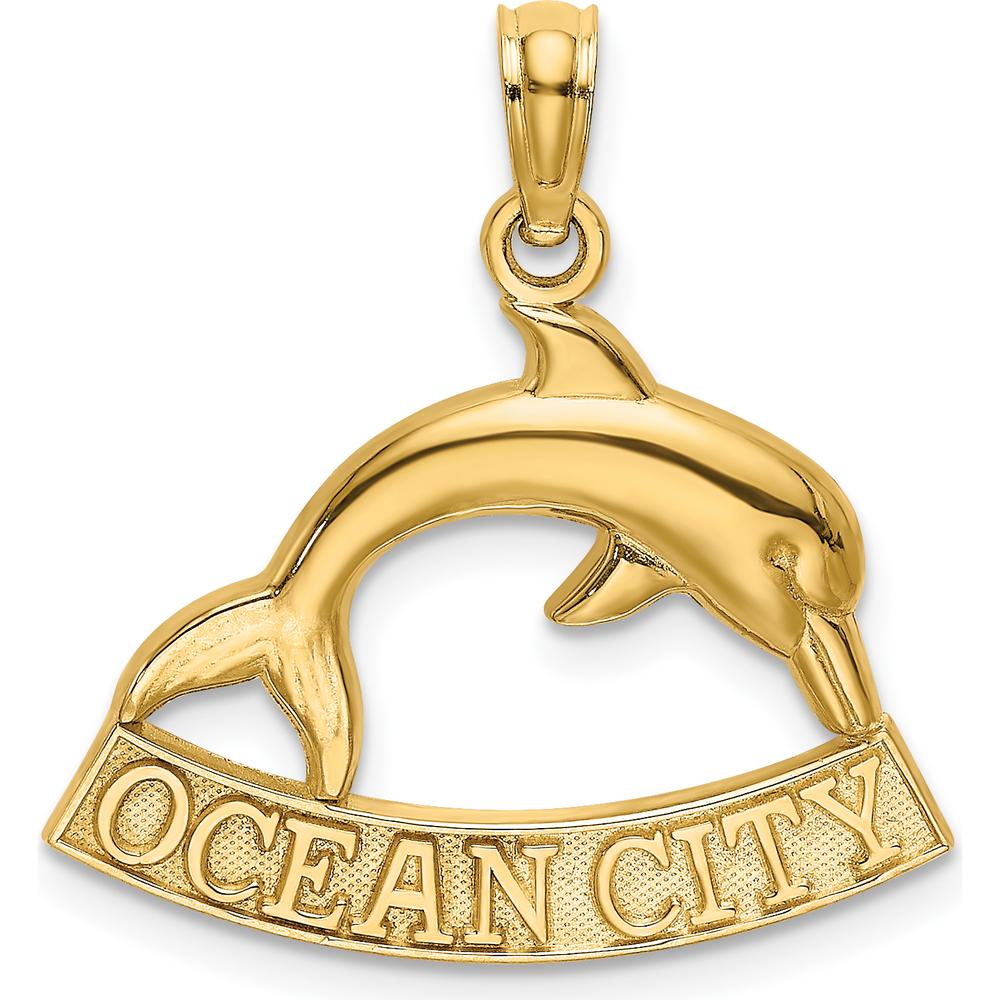 14K Yellow Gold Dolphin Charm with "Ocean City" Banner Pendant - 15.6mm Length by Oro Pregiato
