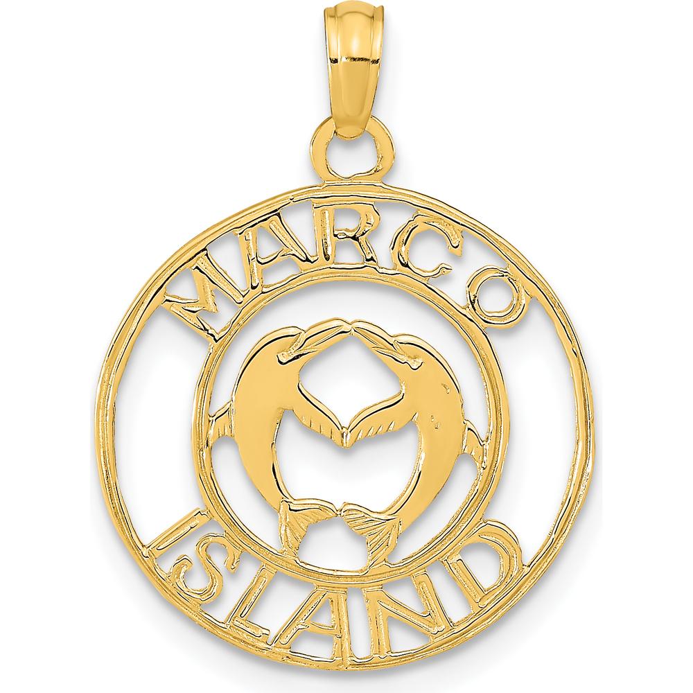 14K Yellow Gold Dolphin Circle Pendant - Marco Island Charm with Polished Finish by Oro Pregiato