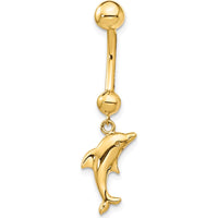 14K Yellow Gold Dolphin Dangle Belly Ring with Polished Finish - Solid 14 Gram Design by Oro Pregiato