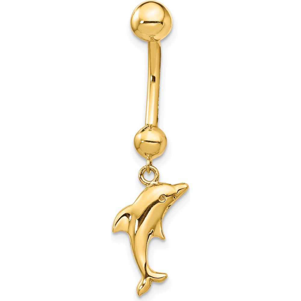 14K Yellow Gold Dolphin Dangle Belly Ring with Polished Finish - Solid 14 Gram Design by Oro Pregiato