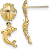 14K Yellow Gold Dolphin Dangle Earrings with Mini Scallop Shell Design by 0