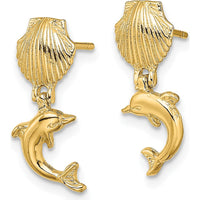 14K Yellow Gold Dolphin Dangle Earrings with Mini Scallop Shell Design by 0