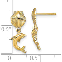 14K Yellow Gold Dolphin Dangle Earrings with Mini Scallop Shell Design by 0