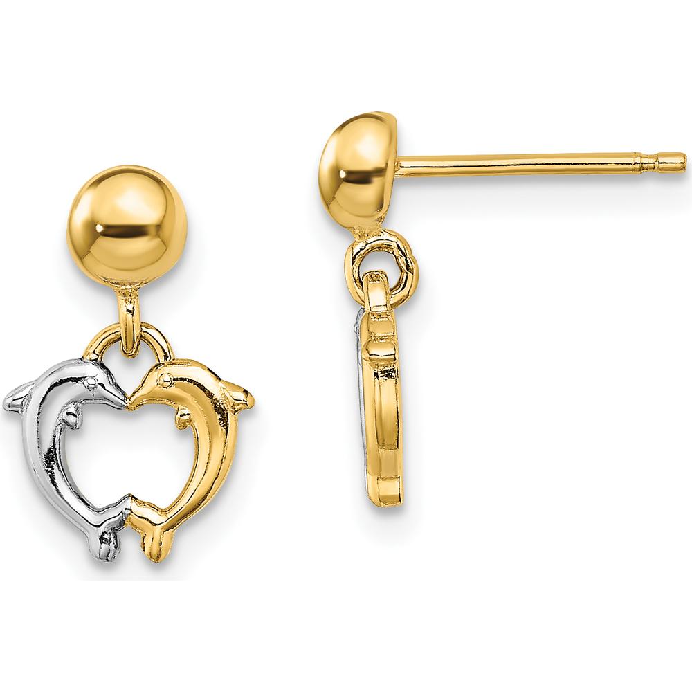 14K Yellow Gold Dolphin Dangle Earrings with Rhodium Accents - Heart-Shaped Design by 0