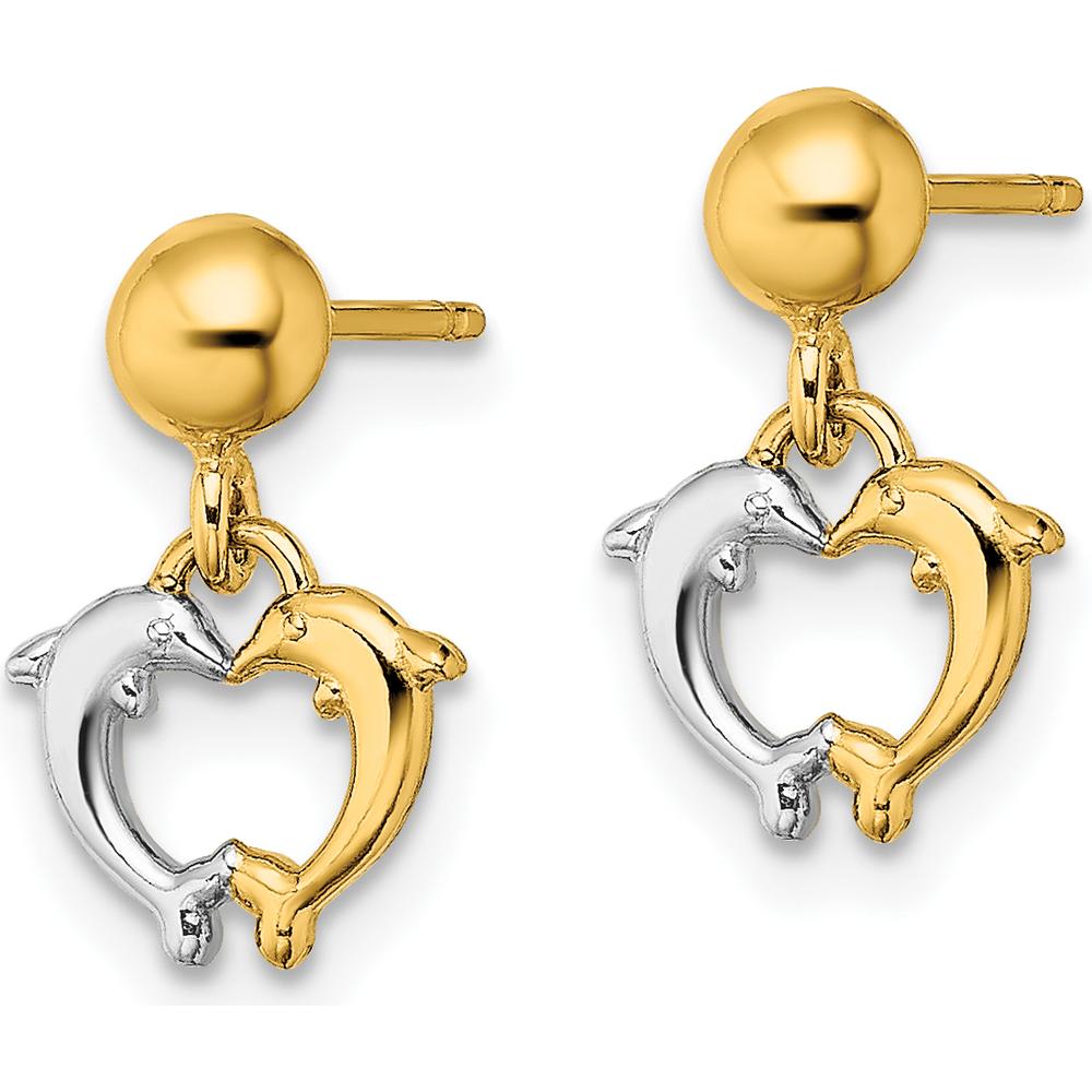 14K Yellow Gold Dolphin Dangle Earrings with Rhodium Accents - Heart-Shaped Design by 0