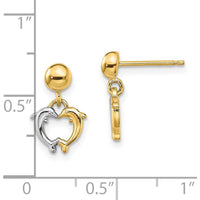 14K Yellow Gold Dolphin Dangle Earrings with Rhodium Accents - Heart-Shaped Design by 0