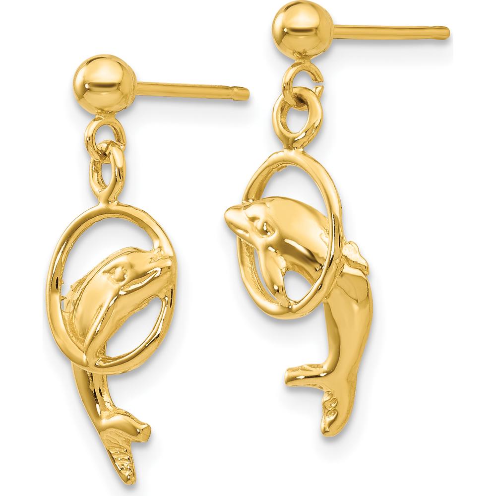 14K Yellow Gold Dolphin Drop Earrings with Polished Finish - Unique Design by 0