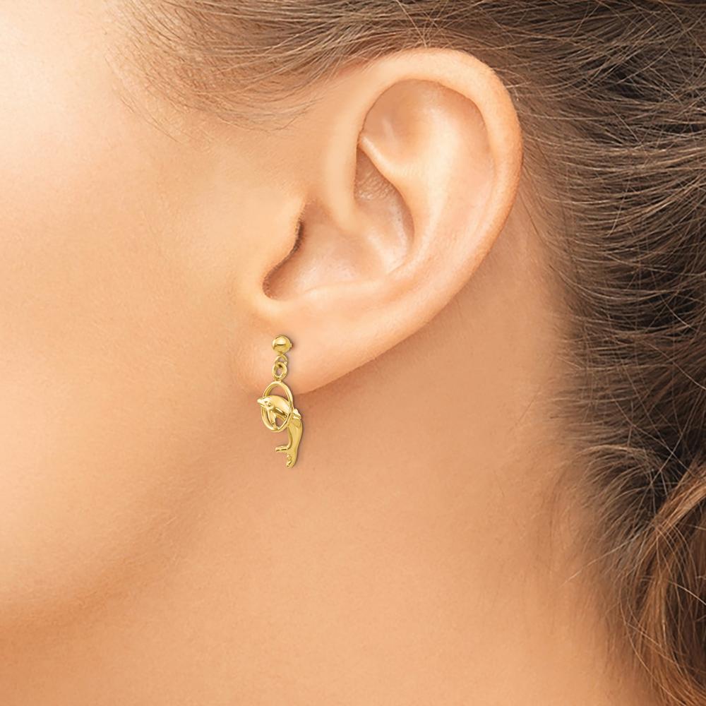 14K Yellow Gold Dolphin Drop Earrings with Polished Finish - Unique Design by 0
