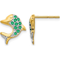 14K Yellow Gold Dolphin Earrings with Emerald and Diamond Accents - 0.36 Carat Total Emerald Weight, 0.0086 Carat Total Diamond Weight by Monteluci Fine Jewelry