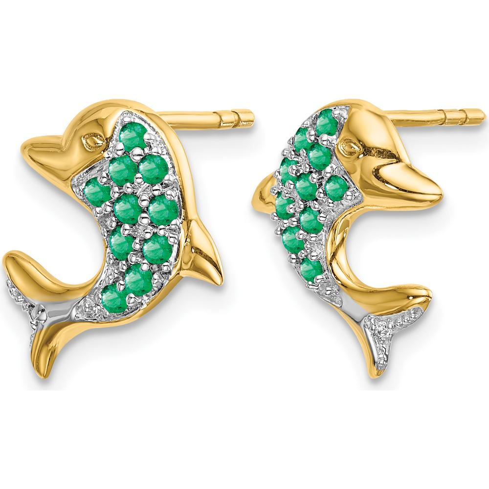 14K Yellow Gold Dolphin Earrings with Emerald and Diamond Accents - 0.36 Carat Total Emerald Weight, 0.0086 Carat Total Diamond Weight by Monteluci Fine Jewelry