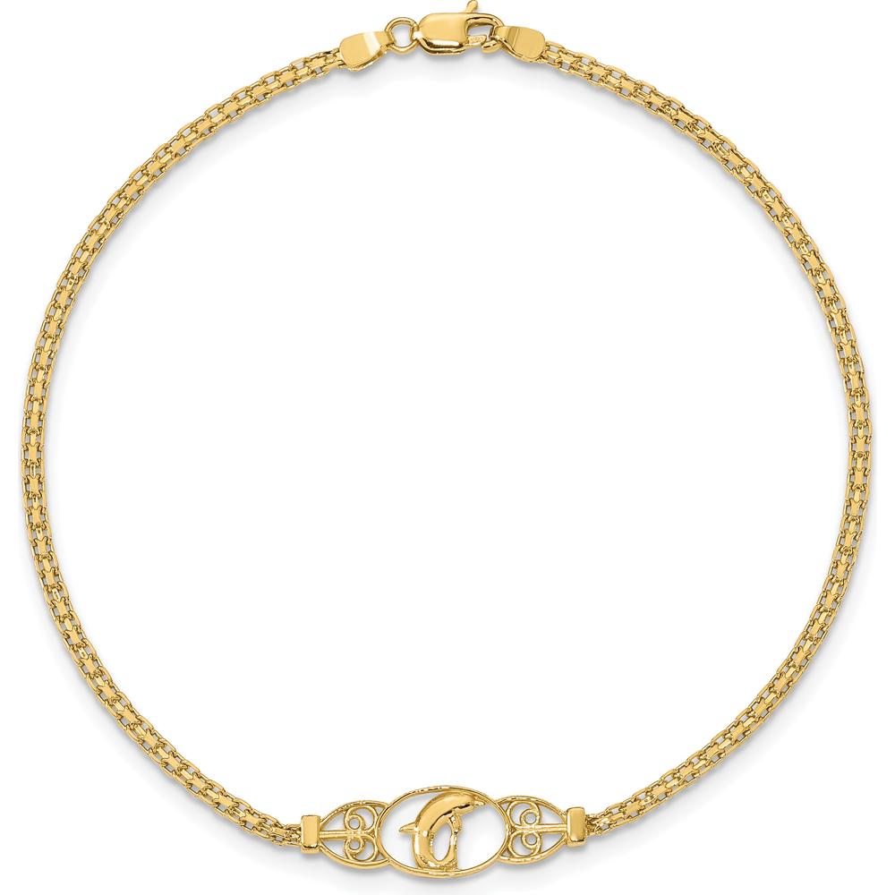14K Yellow Gold Dolphin Filigree Station Anklet - 9"