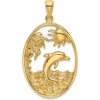 14K Yellow Gold Dolphin Jumping in Ocean Scene Pendant by Oro Pregiato
