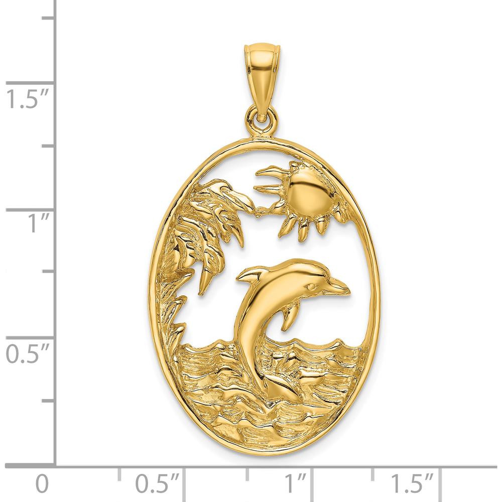 14K Yellow Gold Dolphin Jumping in Ocean Scene Pendant by Oro Pregiato