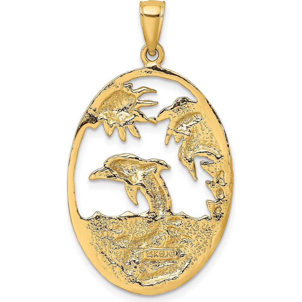 14K Yellow Gold Dolphin Jumping in Ocean Scene Pendant by Oro Pregiato
