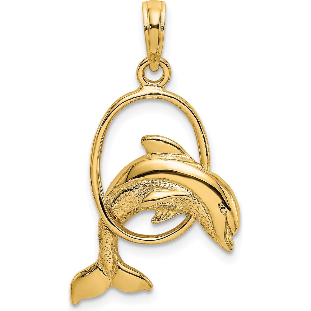 14K Yellow Gold Dolphin Jumping Through Hoop Pendant by Oro Pregiato