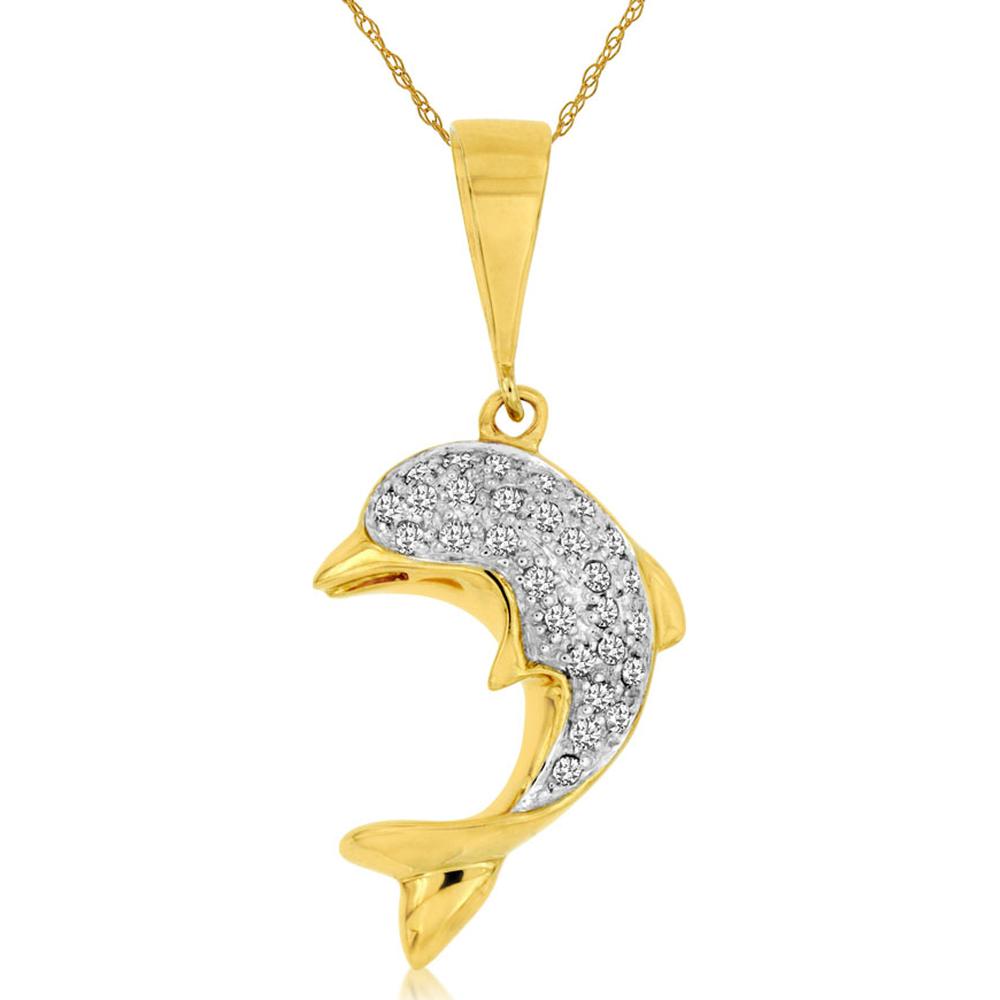 14K Yellow Gold Dolphin Motif Pendant with Pavé-Set Round Diamonds - 0.25 Carat Total Diamond Weight - Royal Jewelry