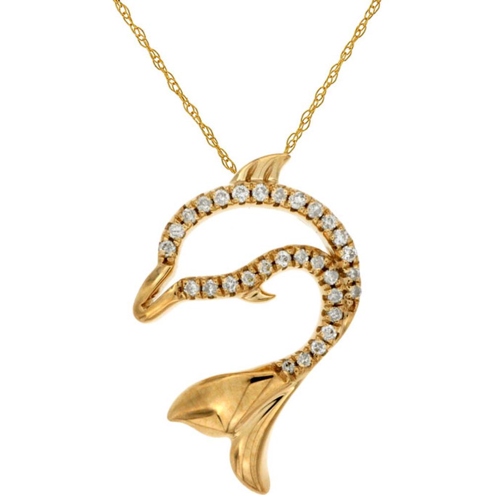14K Yellow Gold Dolphin Pendant Necklace with Pave Set Round Diamonds - 0.07 Carat Total Diamond Weight - Royal Jewelry