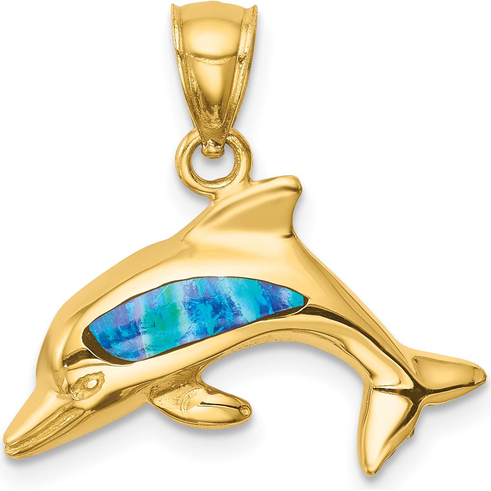 14K Yellow Gold Dolphin Pendant with Lab-Created Opal - 13mm x 20mm by Oro Pregiato