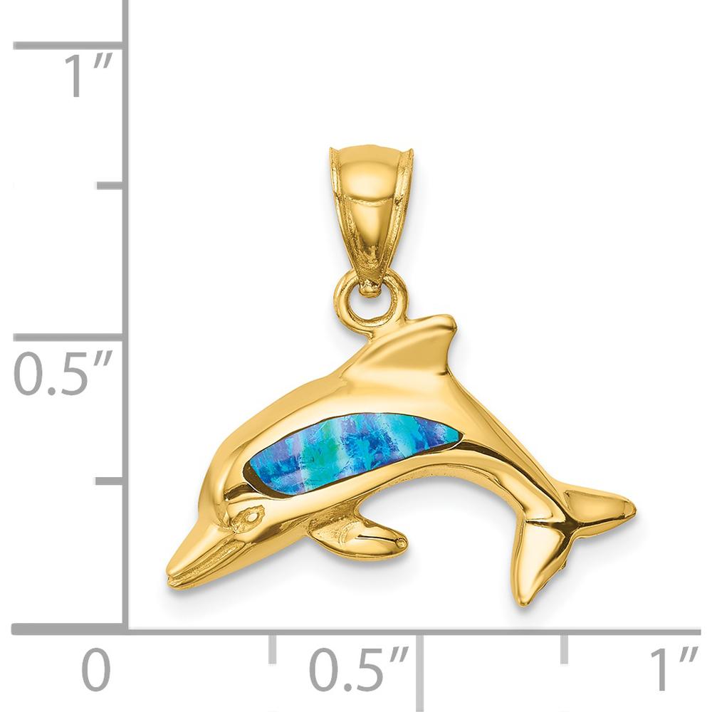 14K Yellow Gold Dolphin Pendant with Lab-Created Opal - 13mm x 20mm by Oro Pregiato