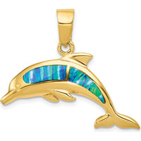 14K Yellow Gold Dolphin Pendant with Lab Created Opal Inlay - 31mm Length by Oro Pregiato