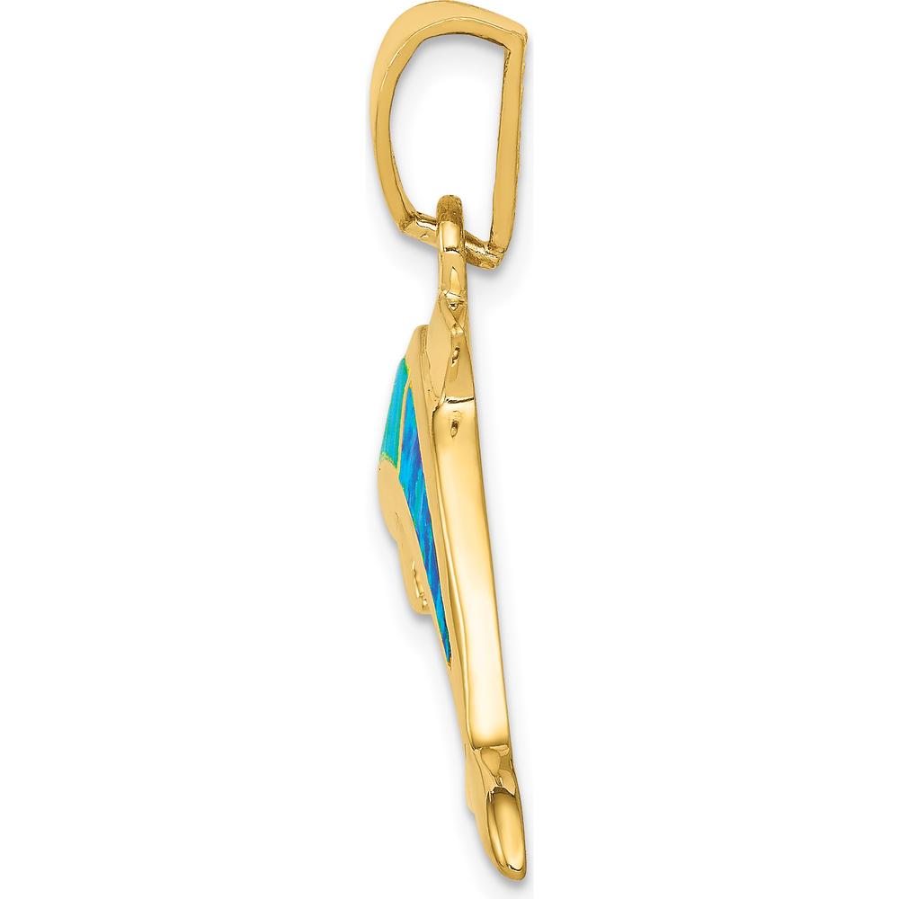14K Yellow Gold Dolphin Pendant with Lab Created Opal Inlay - 31mm Length by Oro Pregiato