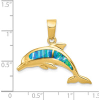 14K Yellow Gold Dolphin Pendant with Lab Created Opal Inlay - 31mm Length by Oro Pregiato