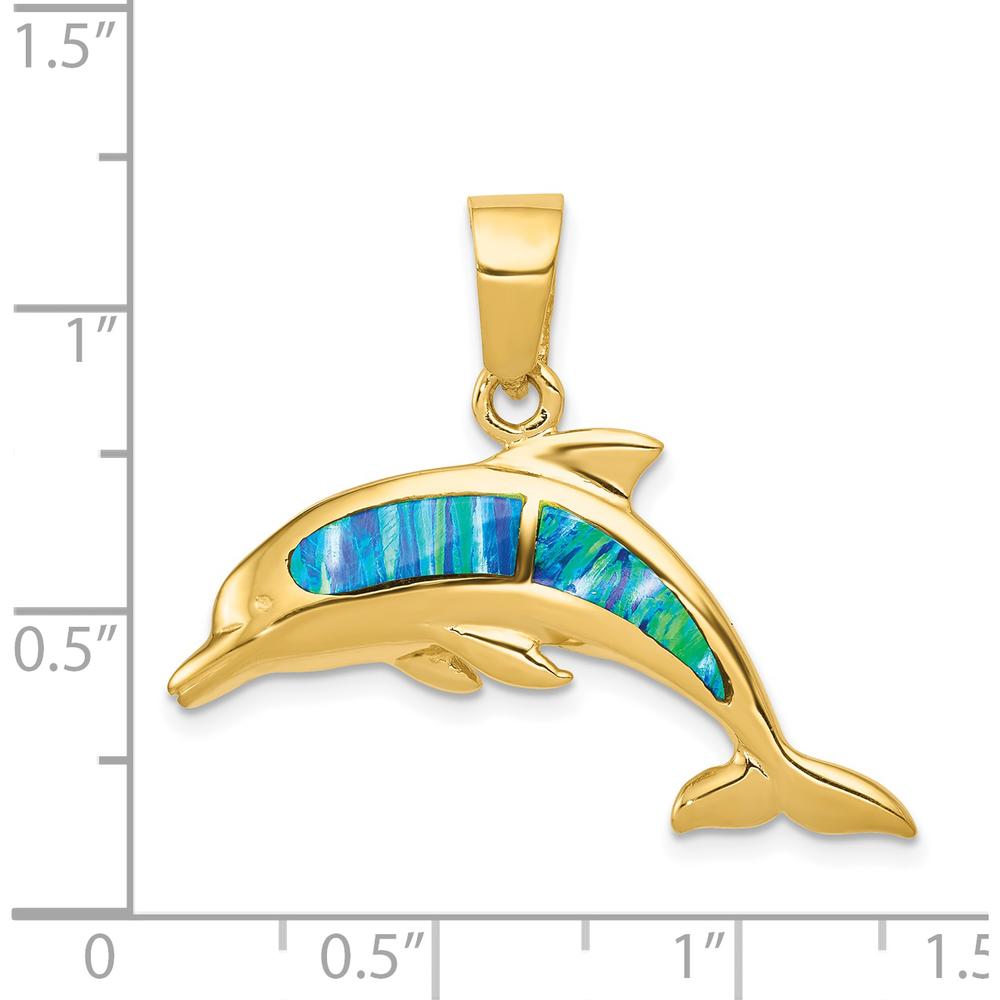 14K Yellow Gold Dolphin Pendant with Lab Created Opal Inlay - 31mm Length by Oro Pregiato