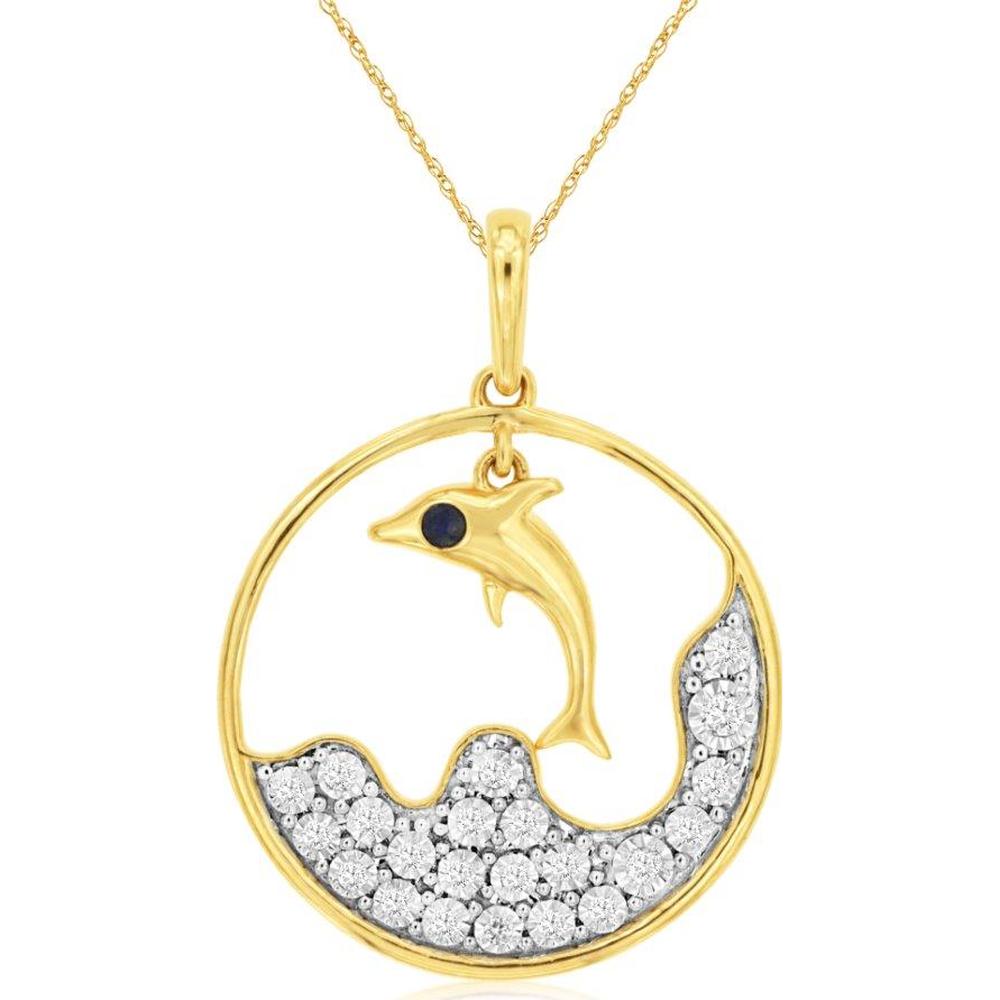 14K Yellow Gold Dolphin Pendant with Sapphire and Diamond Wave - 0.14 Carats Total Diamond Weight